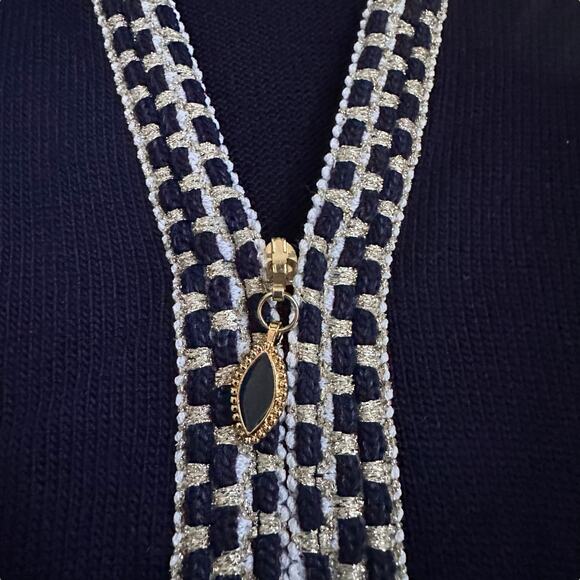 St. John Navy Blue Santana Knit Zip Cardigan Sweater L Metallic Trim  V-Neck - Picture 6 of 12